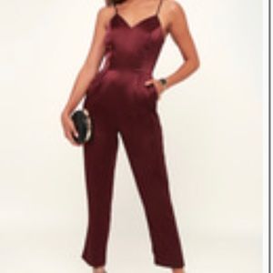 Burgundy satin sleeveless jumpsuit